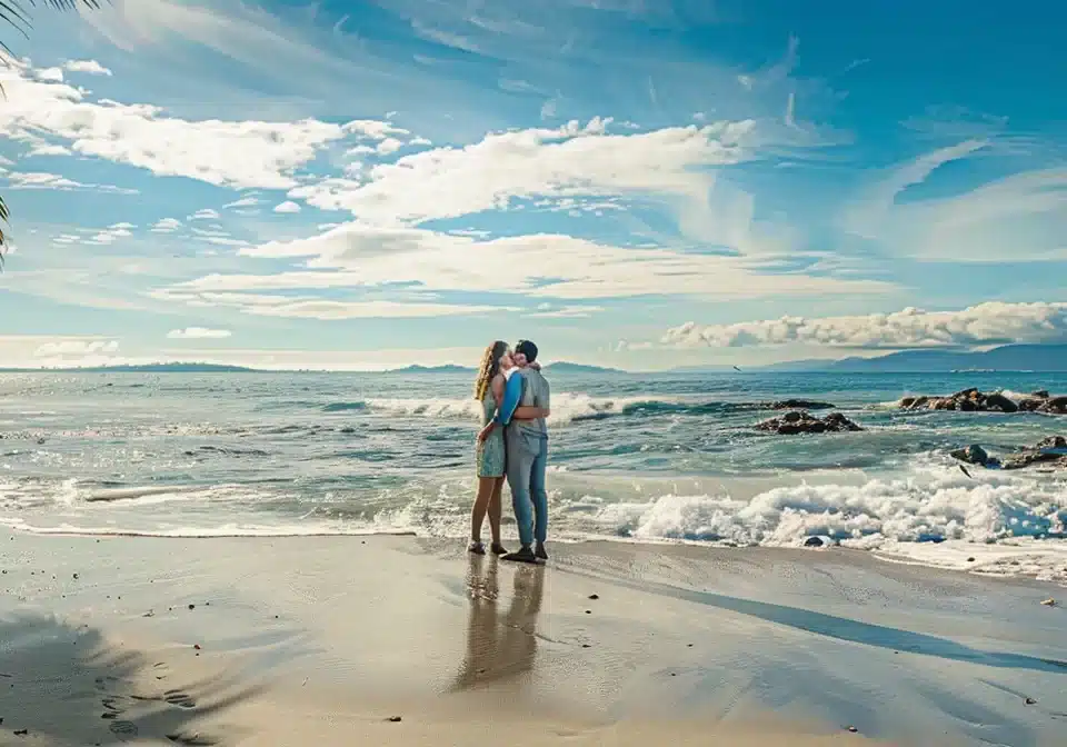 a couple in an embrace, joyfully holding hands in a picturesque beach setting, symbolizing love and partnership portrayed in a subclass 309 partner visa application.