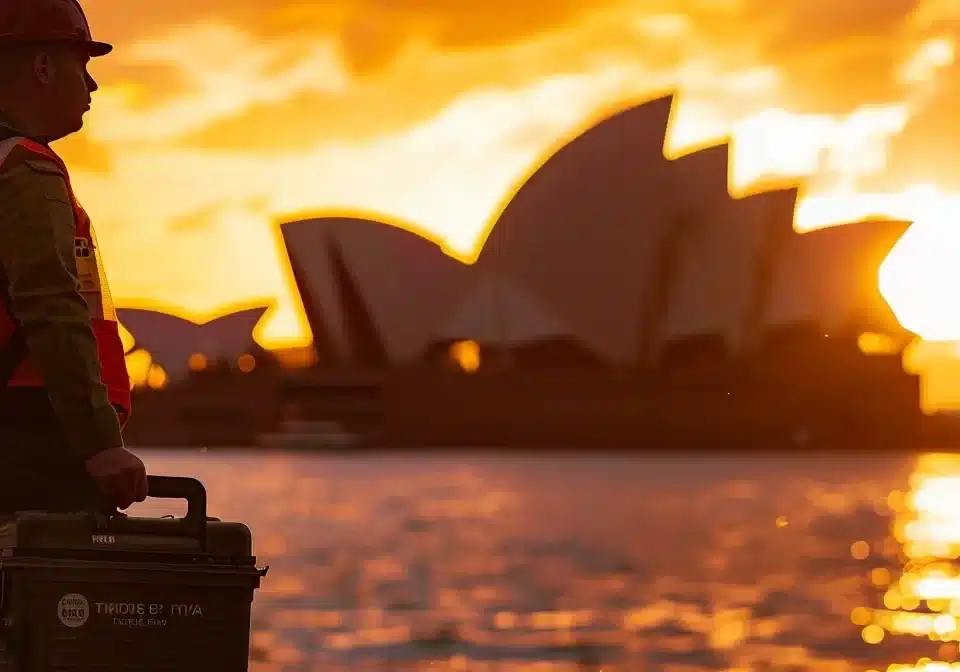 a confident professional carrying a toolbox, ready to work on the iconic sydney opera house silhouette backdrop in australia.