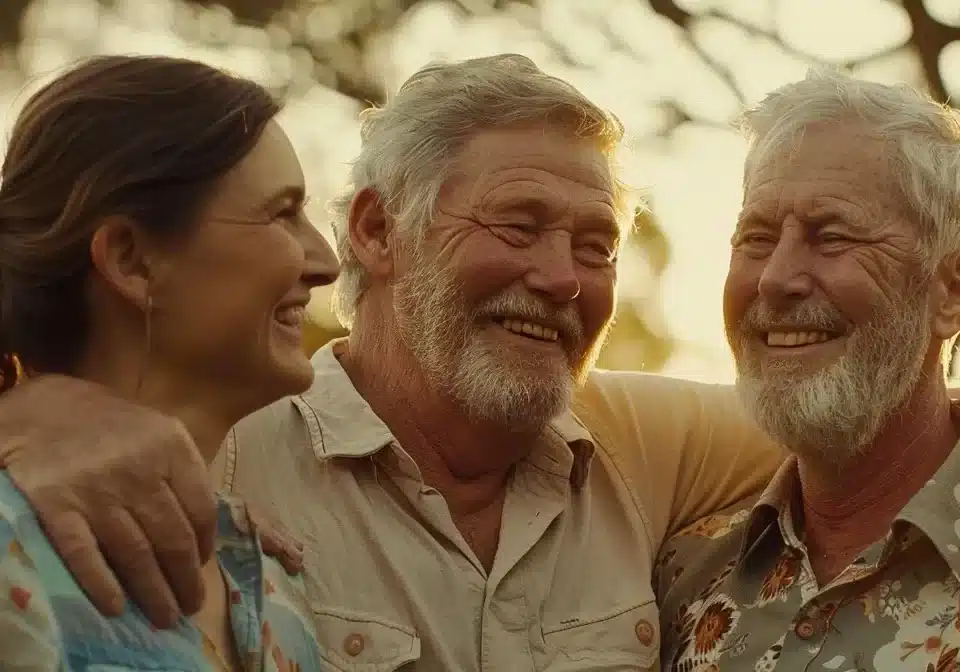 a joyful elderly couple embracing their adult children under the warm australian sun.