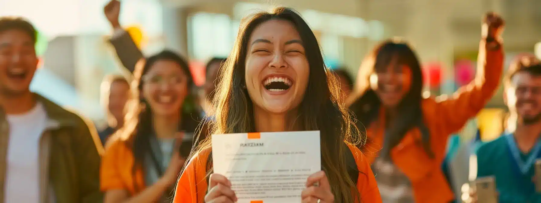 an employee smiling victoriously while holding a work visa approval letter against a backdrop of a diverse team celebrating.