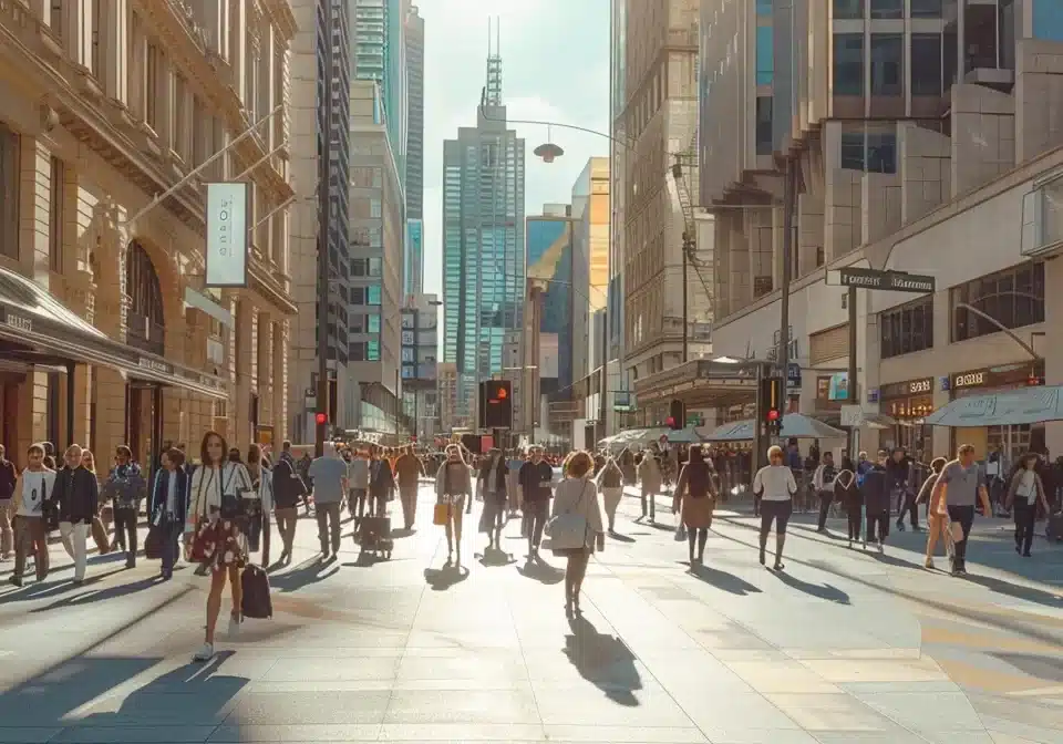 a panoramic view of a bustling australian city skyline with diverse individuals from different backgrounds walking along its vibrant streets.