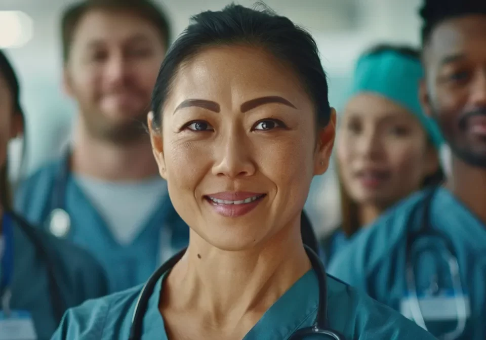 a group of diverse medical professionals in scrubs, stethoscopes around their necks, standing together with confident smiles in a hospital setting.