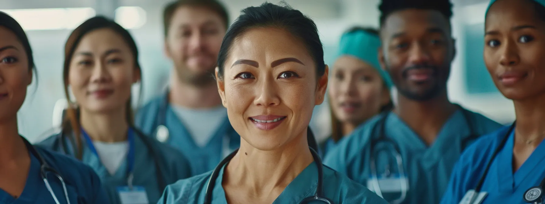 a group of diverse medical professionals in scrubs, stethoscopes around their necks, standing together with confident smiles in a hospital setting.