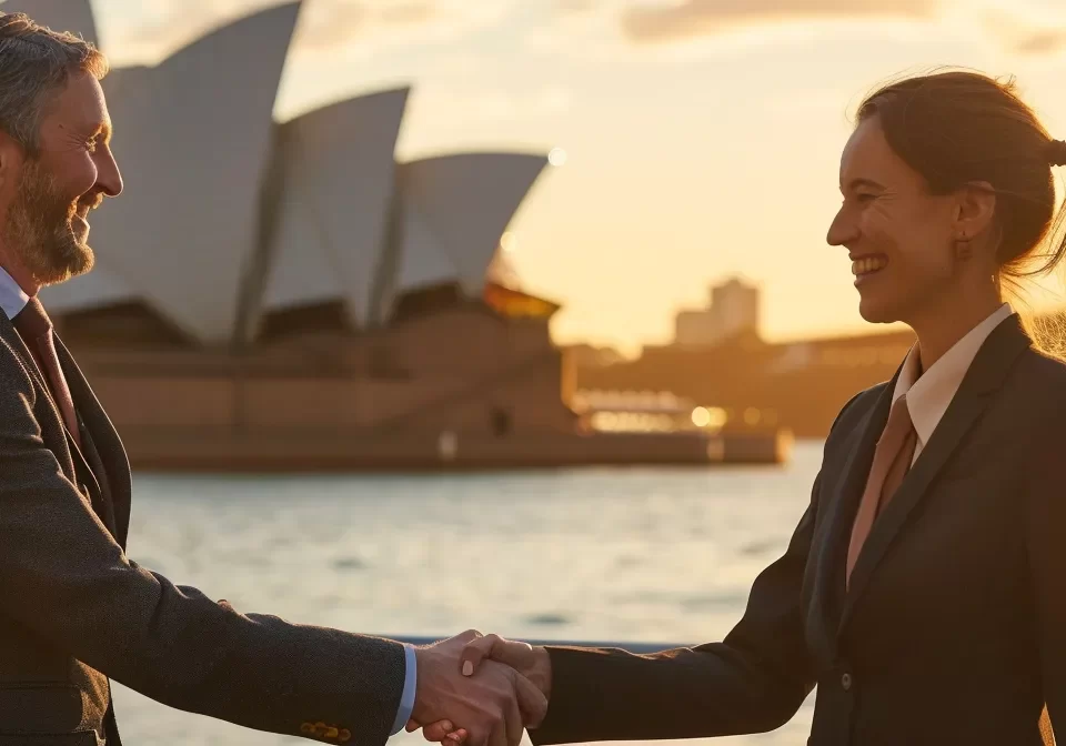 a smiling professional shaking hands with an employer in front of the sydney opera house, celebrating the sponsorship of a work visa in australia.