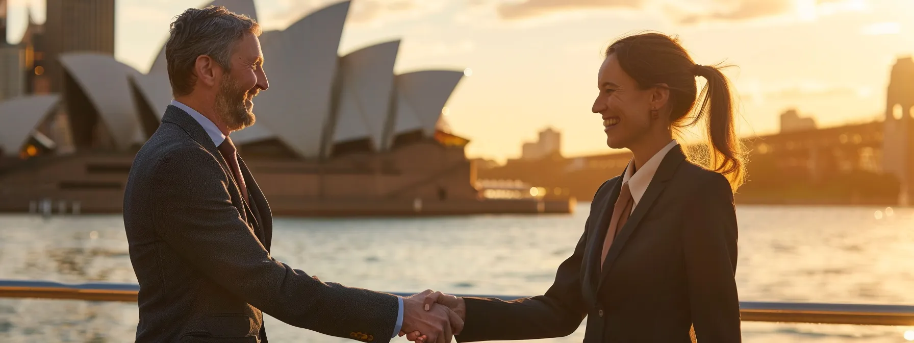 a smiling professional shaking hands with an employer in front of the sydney opera house, celebrating the sponsorship of a work visa in australia.