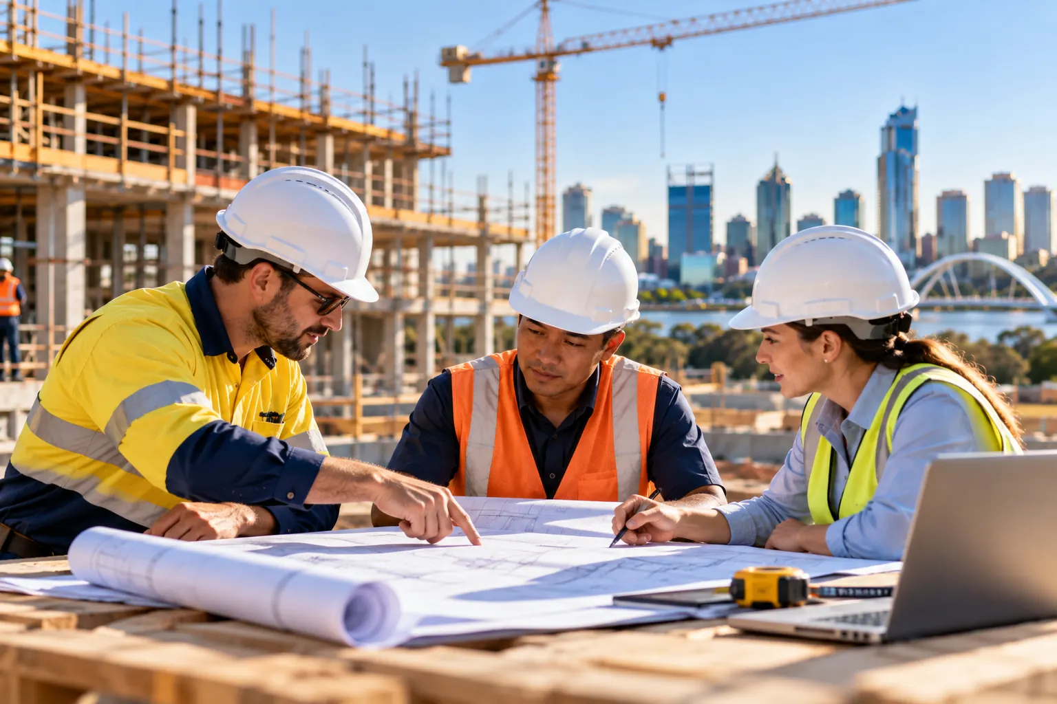 A WA employer and site team reviewing plans on a Perth construction site, with the city skyline behind
