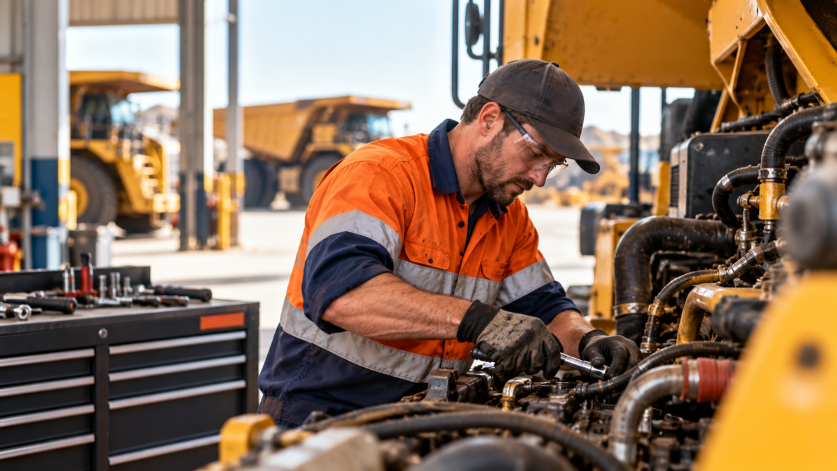 Sponsoring a diesel mechanic in WA: a mechanic in high-visibility workwear servicing a haul truck engine at a mine site workshop