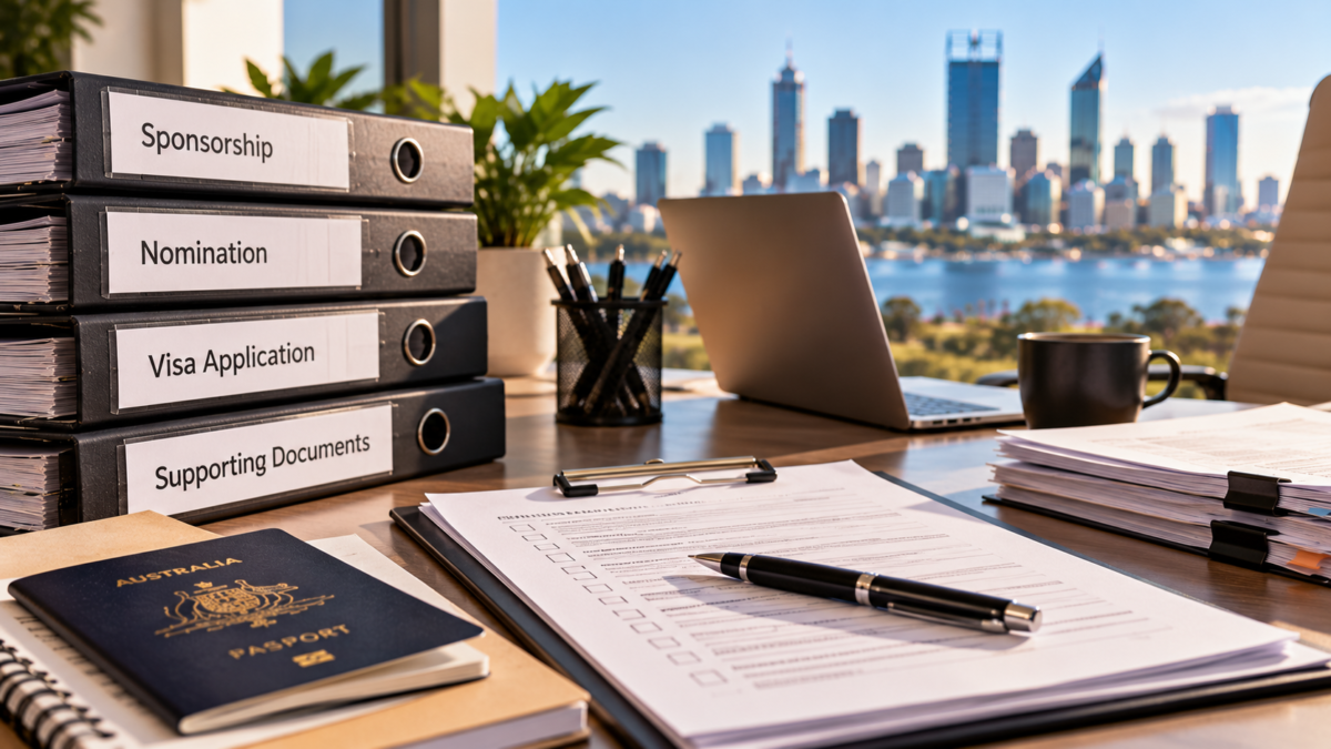 Documents to sponsor a 482 visa: folders labelled sponsorship, nomination, visa application and supporting documents on a Perth office desk