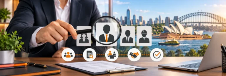 Labour market testing for a 482 or 494 visa: an employer reviewing candidate profiles with a magnifying glass