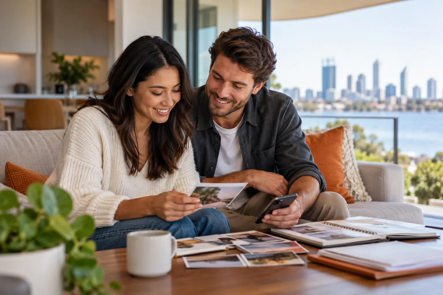 Couple in Perth reviewing shared photos and relationship evidence with their partner visa agent Perth
