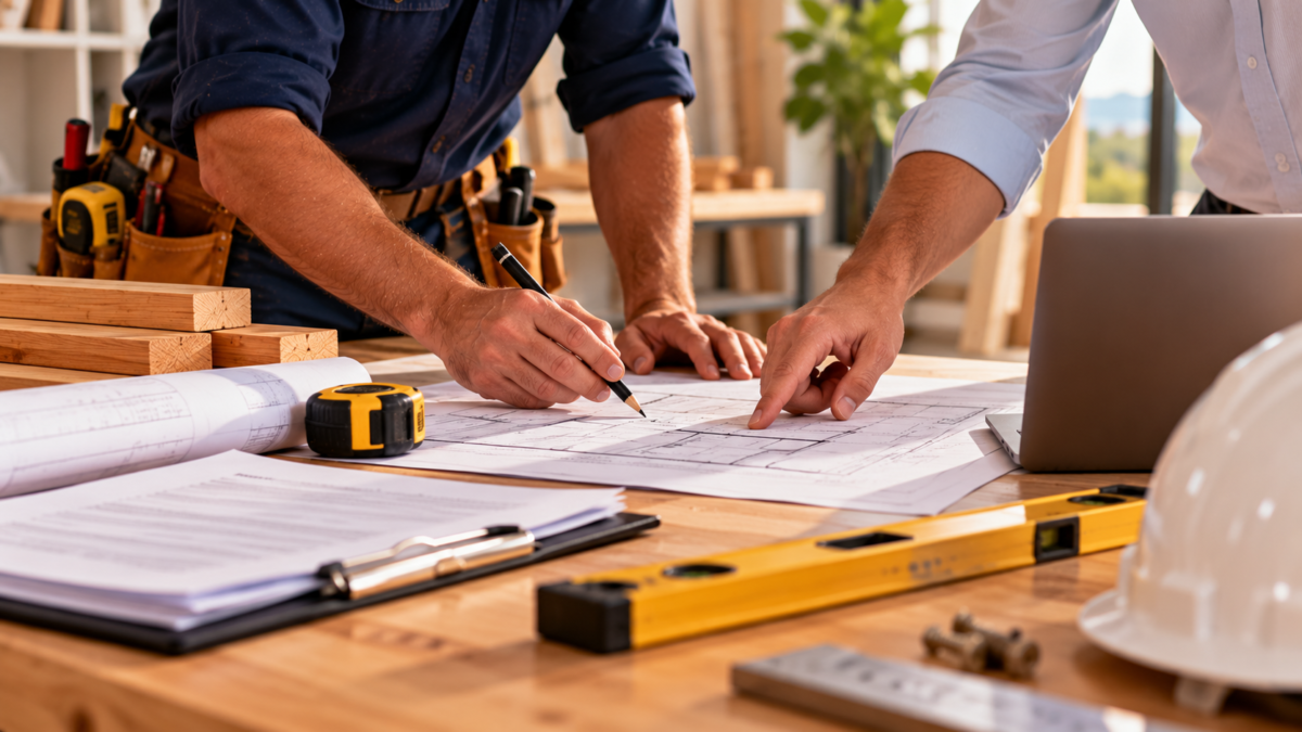 Sponsoring a carpenter in WA: a carpenter and a builder marking up construction plans on a timber bench
