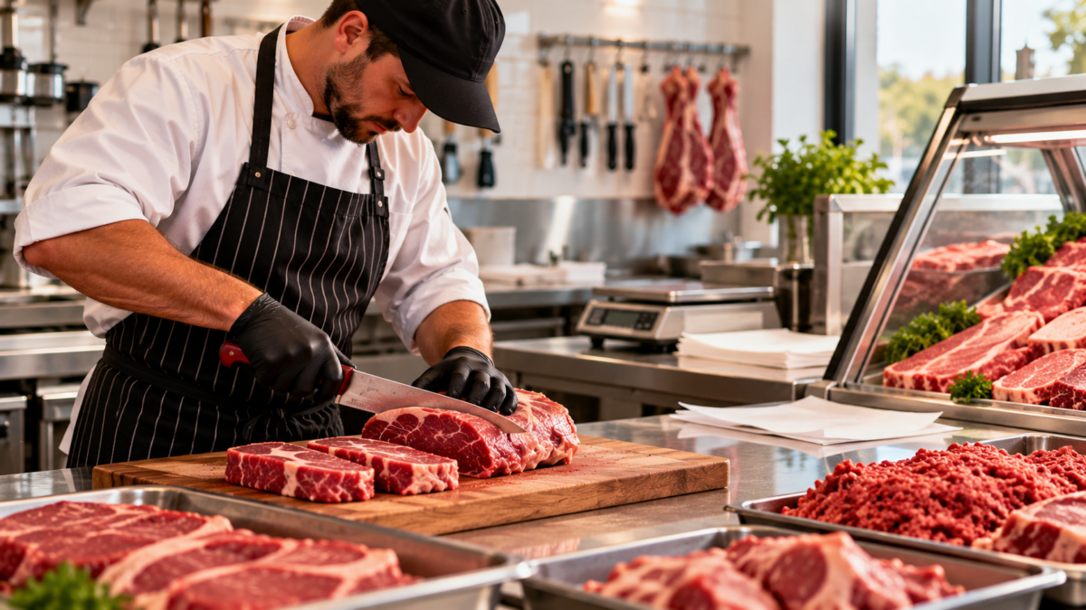 Sponsoring a butcher in WA: a butcher cutting steaks on a timber board beside a display of fresh meat
