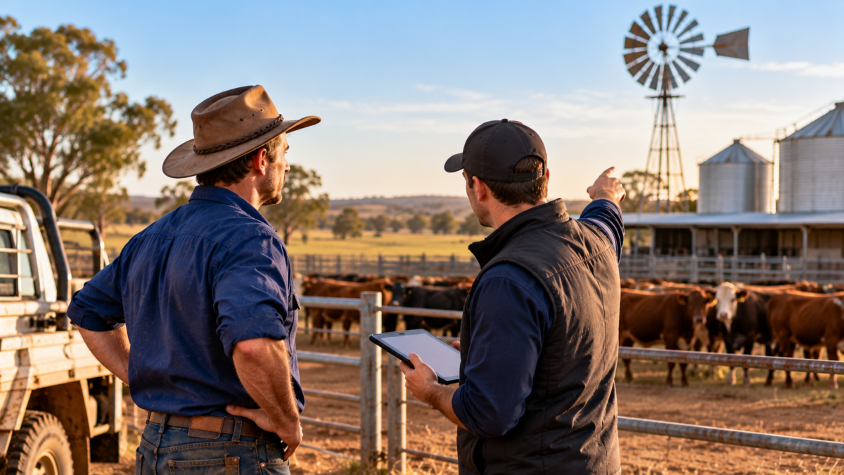 Sponsoring a farmer in Western Australia: two farm managers reviewing a tablet beside cattle yards, a windmill and grain silos