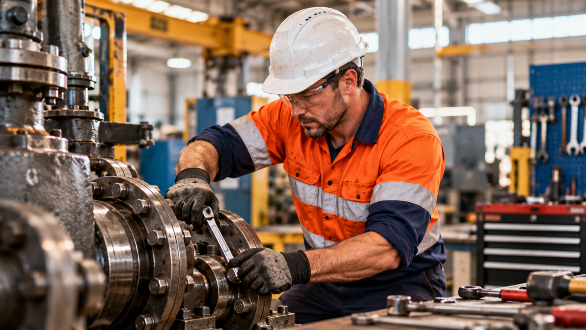 Sponsoring a fitter in WA: a fitter in a hard hat tightening a flange bolt on heavy machinery in an engineering workshop
