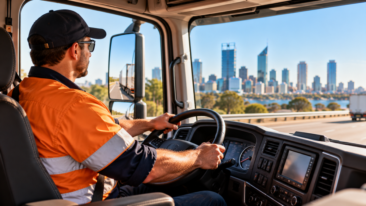 Sponsoring a truck driver in WA: a driver in high-visibility workwear at the wheel of a truck with the Perth skyline ahead