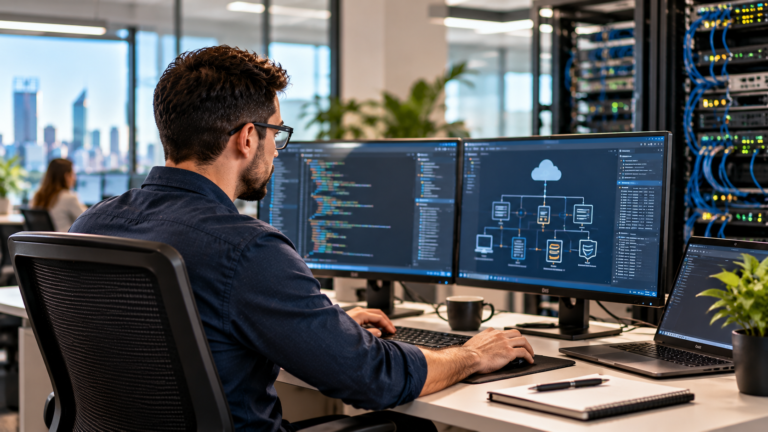 Sponsoring an IT professional in Western Australia: a developer working at two monitors beside a server rack in a Perth office